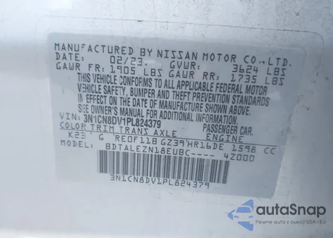 2023 Nissan Versa 1.6 S Xtronic Cvt из США, поврежденный, VIN 3N1CN8DV1PL824379